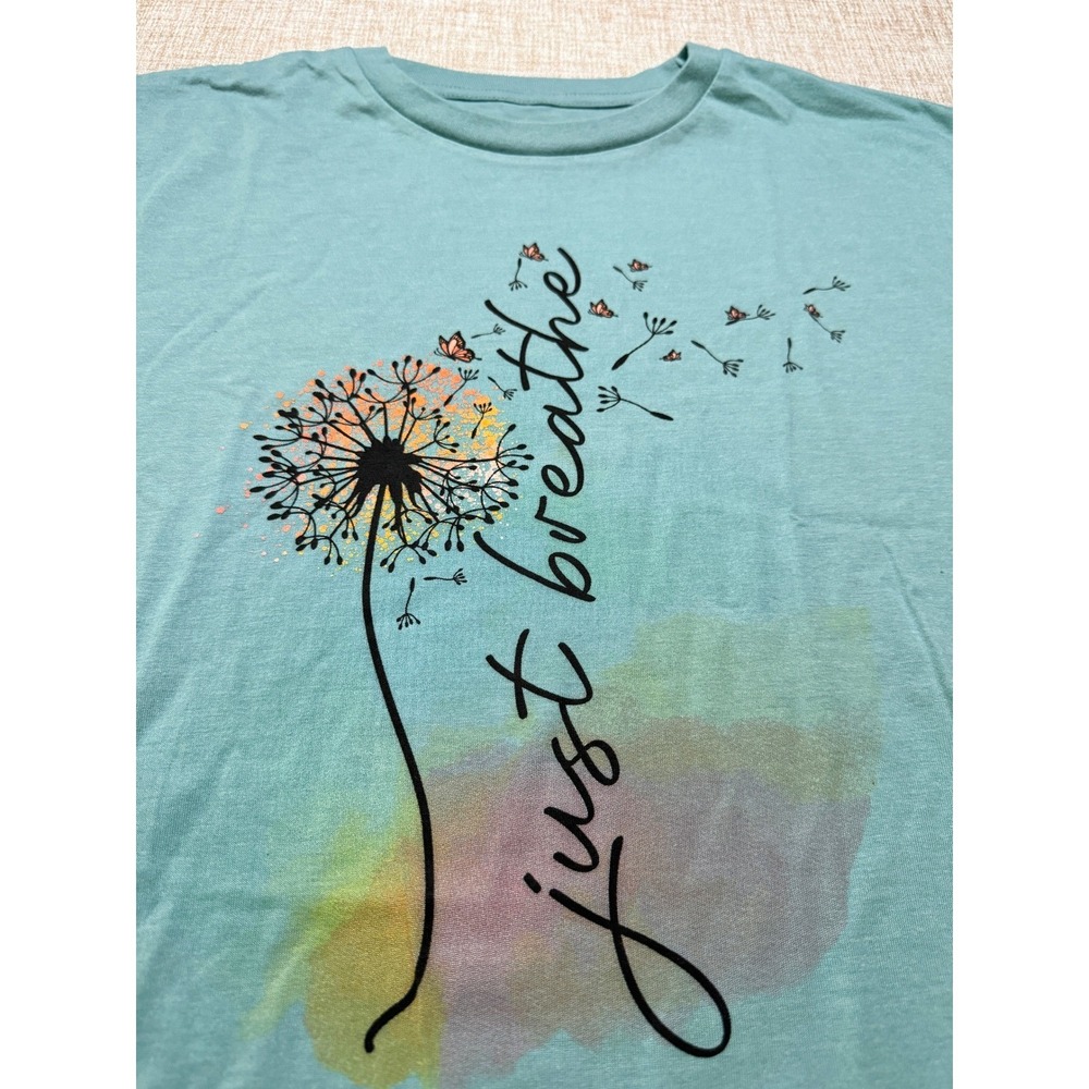 Love in Faith "Just Breathe" Dandelion Tee Teal Green Short‎ Sleeve Medium